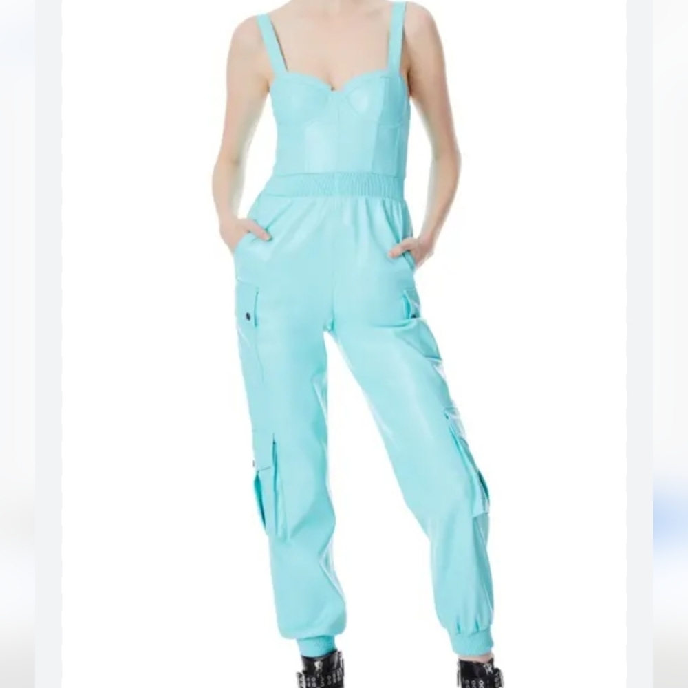 NWT Alice + Olivia Vegan Leather Jumpsuit Cargo Pant Smocked Aqua Blue Size 6